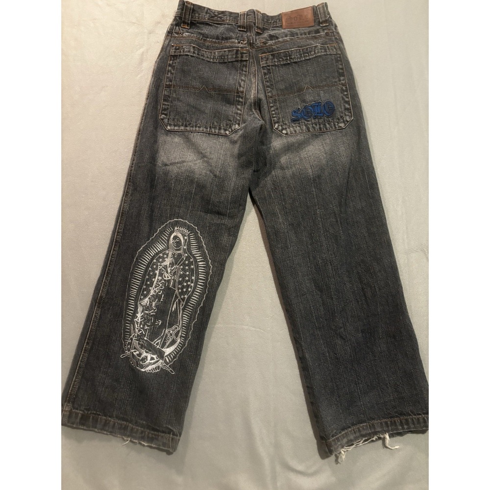 Solo Jeans Men's 32x29 Virgin Mary Embroidered Baggy Wide Leg Y2K Black Raw Hem